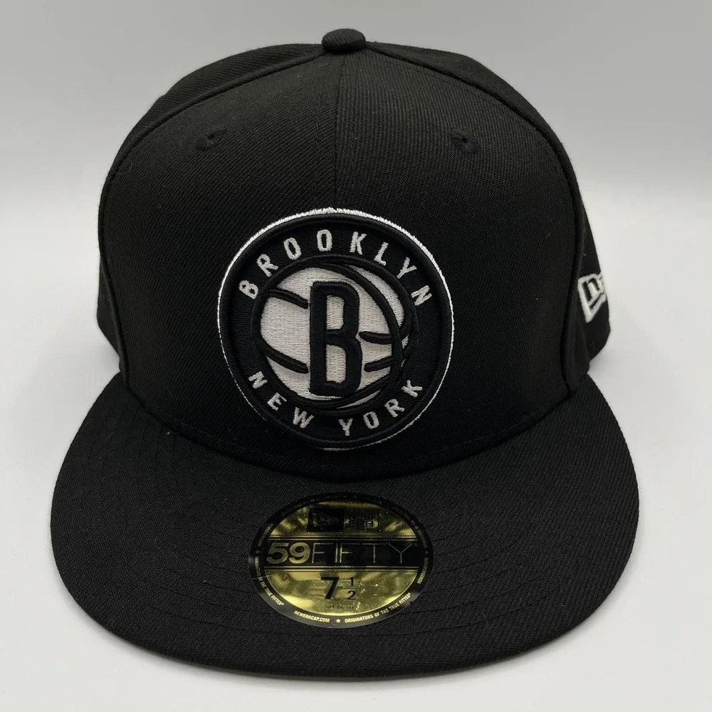 Brooklyn Nets New Era 59FIFTY Hat Cap Fitted Mens 7 1/2 Black NBA Basketball NEW